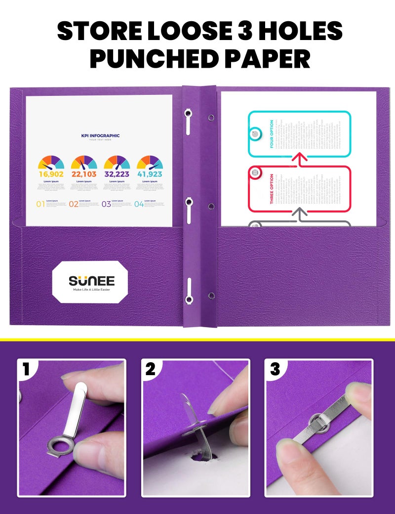ساني مجلدات SUNEE ذات جيبين ومشابك (عبوة من 25 مجلدًا، لون بنفسجي)، مجلدات ورقية بجيبين و3 مشابك تناسب ورق بحجم الرسائل، مجلدات بمشابك للمدرسة والمكتب والمنزل والأعمال - Image 3